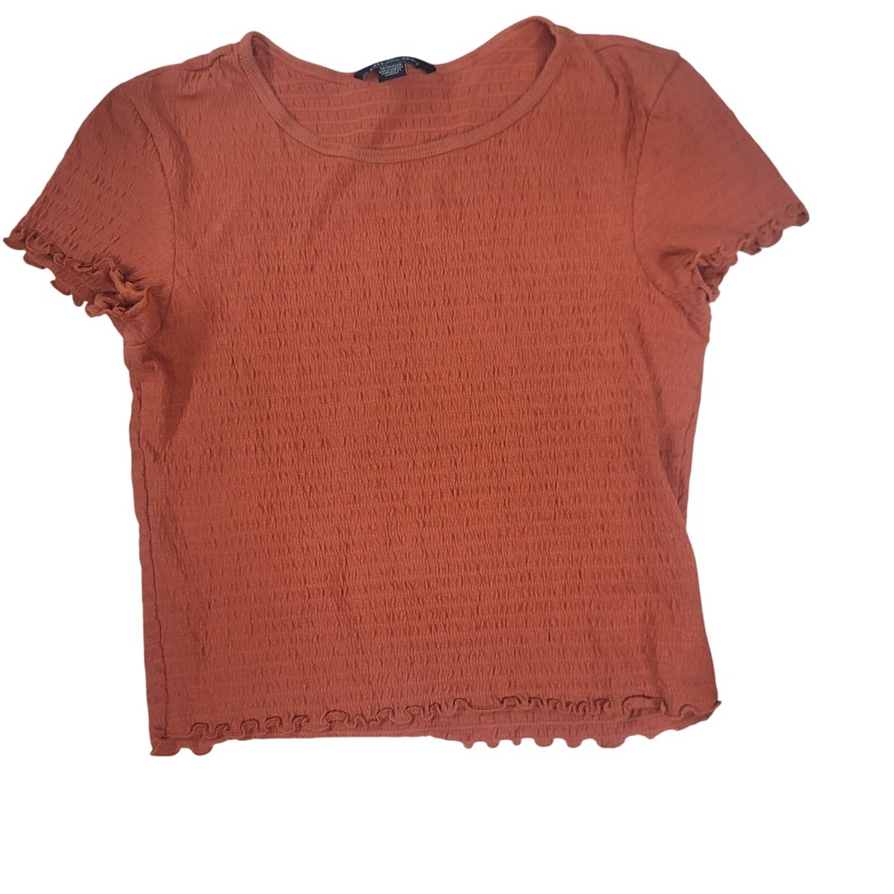 American Eagle Rust Orange Smocked Short Sleeve Lettuce Trim Top XS‎